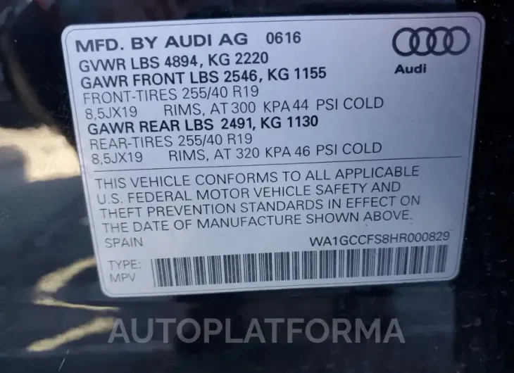 AUDI Q3 PRESTIG 2017 vin WA1GCCFS8HR000829 from auto auction Copart