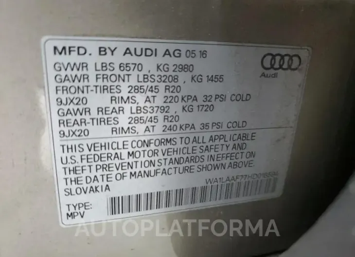 AUDI Q7 PREMIUM 2017 vin WA1LAAF77HD018594 from auto auction Copart