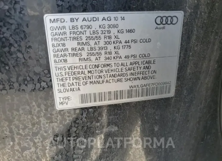 AUDI Q7 PREMIUM 2015 vin WA1LGAFE7FD009842 from auto auction Copart