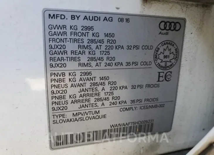 AUDI Q7 PRESTIG 2017 vin WA1VAAF75HD025231 from auto auction Copart