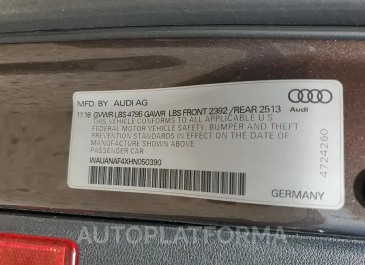 AUDI A4 PREMIUM 2017 vin WAUANAF4XHN050390 from auto auction Copart