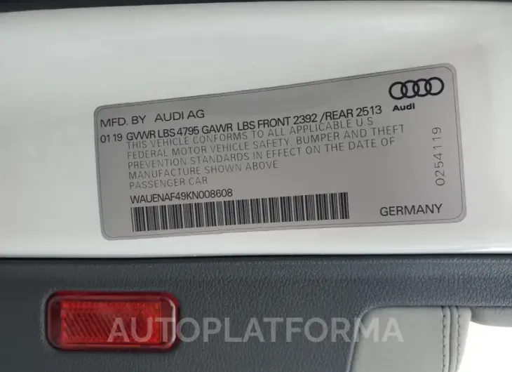 AUDI A4 PREMIUM 2019 vin WAUENAF49KN008608 from auto auction Copart