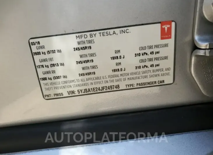 TESLA MODEL S 2018 vin 5YJSA1E24JF249748 from auto auction Copart