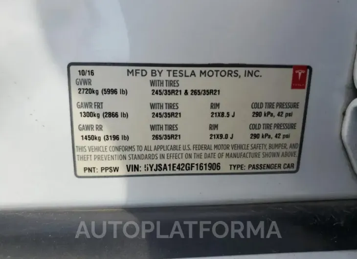 TESLA MODEL S 2016 vin 5YJSA1E42GF161906 from auto auction Copart