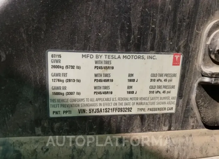 TESLA MODEL S 70 2015 vin 5YJSA1S21FF093292 from auto auction Copart