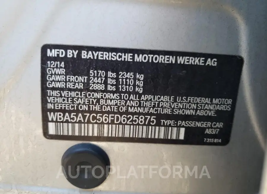 BMW 528 XI 2015 vin WBA5A7C56FD625875 from auto auction Copart