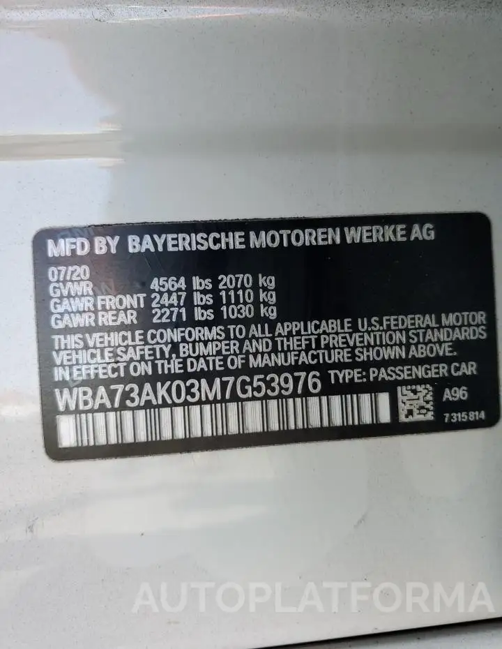 BMW 228XI 2021 vin WBA73AK03M7G53976 from auto auction Copart