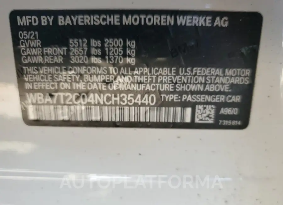 BMW 740 I 2022 vin WBA7T2C04NCH35440 from auto auction Copart