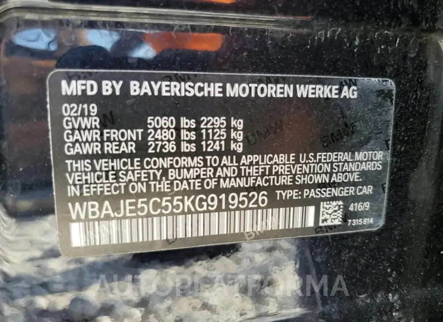 BMW 540 I 2019 vin WBAJE5C55KG919526 from auto auction Copart