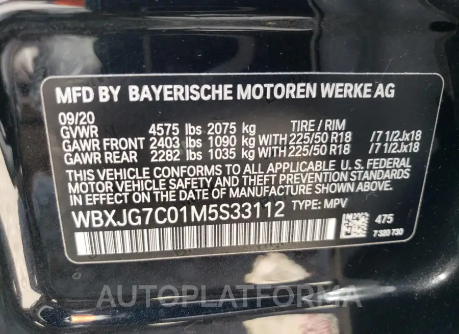 BMW X1 SDRIVE2 2021 vin WBXJG7C01M5S33112 from auto auction Copart