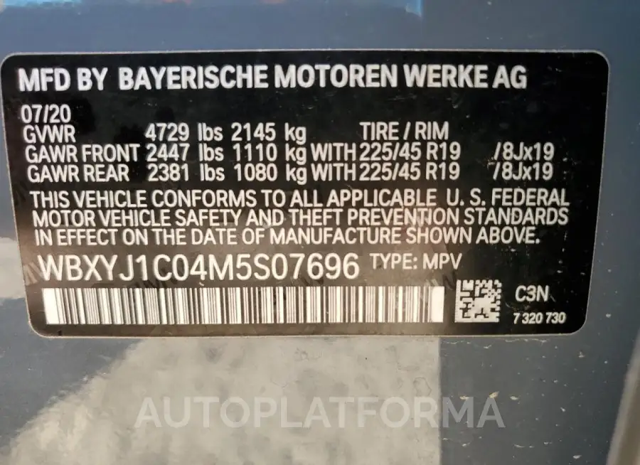 BMW X2 XDRIVE2 2021 vin WBXYJ1C04M5S07696 from auto auction Copart