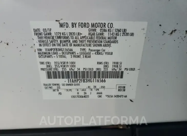 FORD TAURUS LIM 2017 vin 1FAHP2F83HG116566 from auto auction Copart