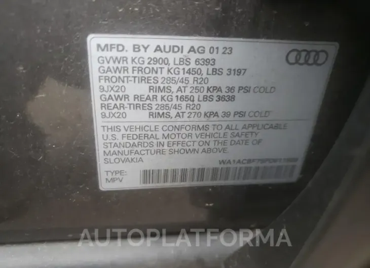 AUDI Q7 PREMIUM 2023 vin WA1ACBF75PD011908 from auto auction Copart