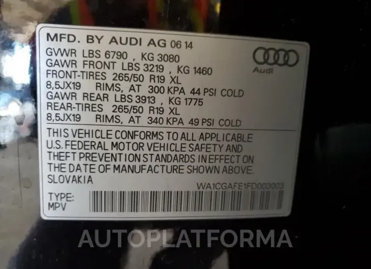 AUDI Q7 PREMIUM 2015 vin WA1CGAFE1FD003003 from auto auction Copart