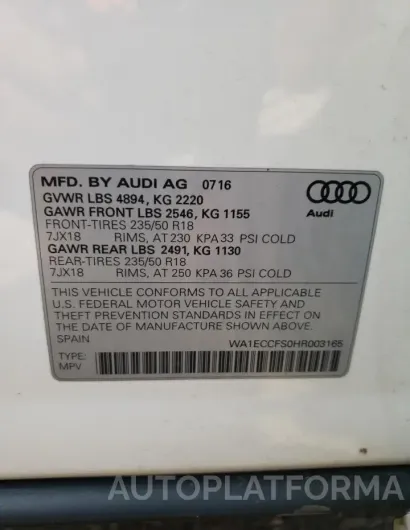 AUDI Q3 PREMIUM 2017 vin WA1ECCFS0HR003165 from auto auction Copart