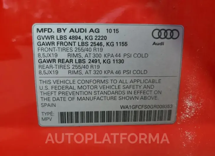 AUDI Q3 PRESTIG 2016 vin WA1GFCFS0GR009353 from auto auction Copart