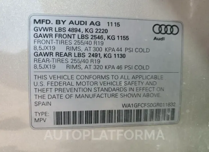 AUDI Q3 PRESTIG 2016 vin WA1GFCFS0GR011832 from auto auction Copart