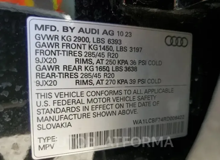 AUDI Q7 PREMIUM 2024 vin WA1LCBF74RD006422 from auto auction Copart