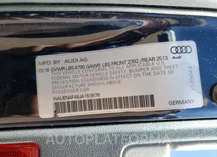 AUDI A4 PREMIUM 2018 vin WAUENAF48JA153676 from auto auction Copart