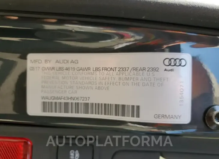 AUDI A4 ULTRA P 2017 vin WAUGMAF43HN067237 from auto auction Copart