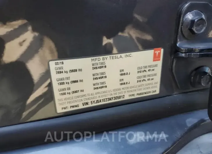 TESLA MODEL S 2019 vin 5YJSA1E23KF305812 from auto auction Copart