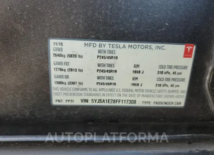 TESLA MODEL S 2015 vin 5YJSA1E28FF117308 from auto auction Copart