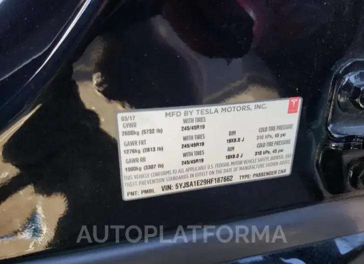 TESLA MODEL S 2017 vin 5YJSA1E29HF187662 from auto auction Copart