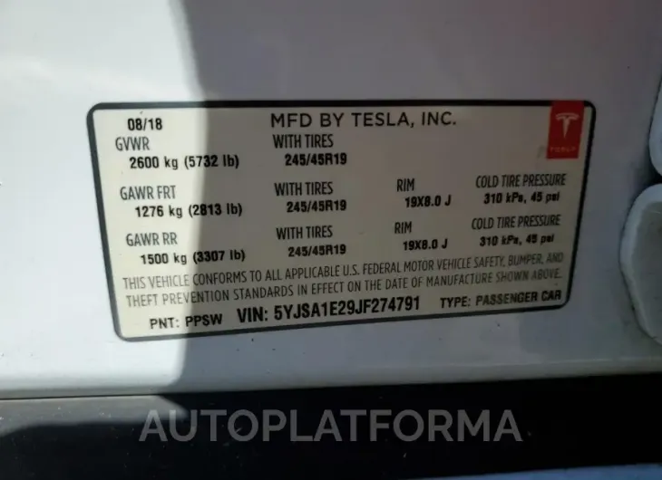 TESLA MODEL S 2018 vin 5YJSA1E29JF274791 from auto auction Copart