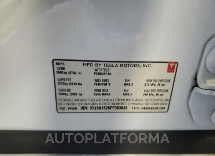 TESLA MODEL S 70 2015 vin 5YJSA1S28FF093936 from auto auction Copart