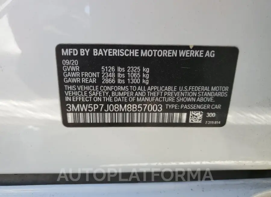 BMW 330E 2021 vin 3MW5P7J08M8B57003 from auto auction Copart