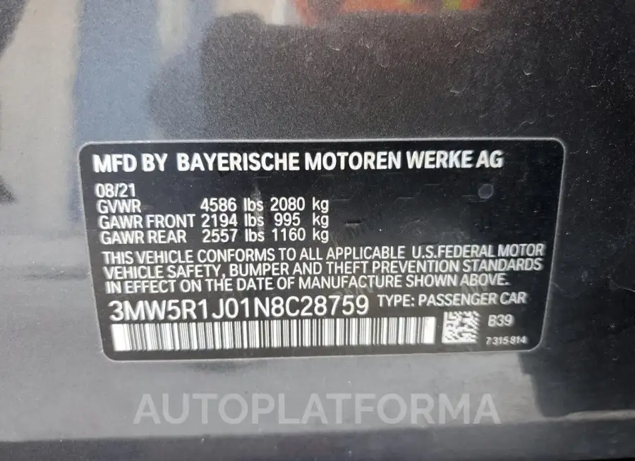 BMW 330I 2022 vin 3MW5R1J01N8C28759 from auto auction Copart