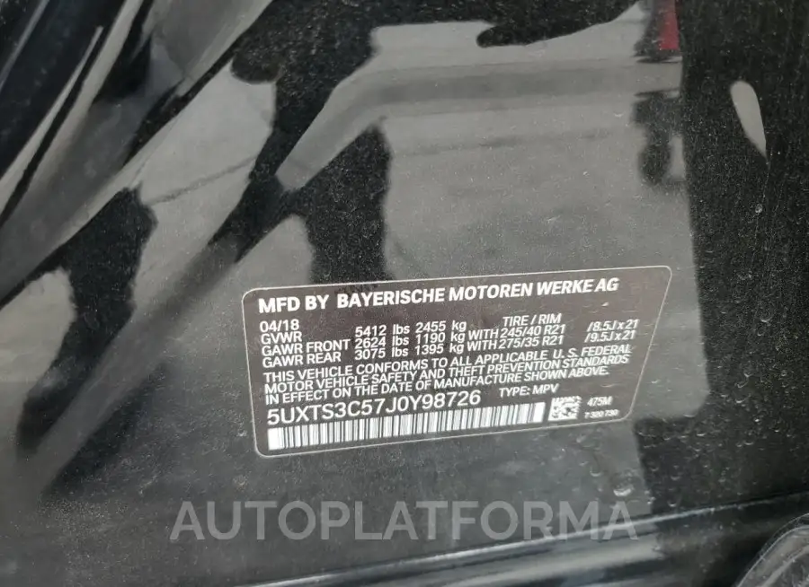 BMW X3 XDRIVEM 2018 vin 5UXTS3C57J0Y98726 from auto auction Copart