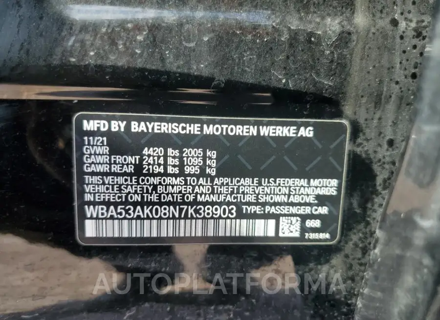 BMW 228I 2022 vin WBA53AK08N7K38903 from auto auction Copart