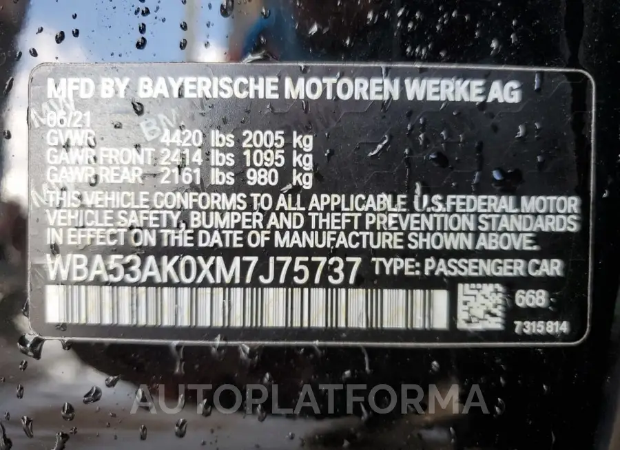 BMW 228I 2021 vin WBA53AK0XM7J75737 from auto auction Copart