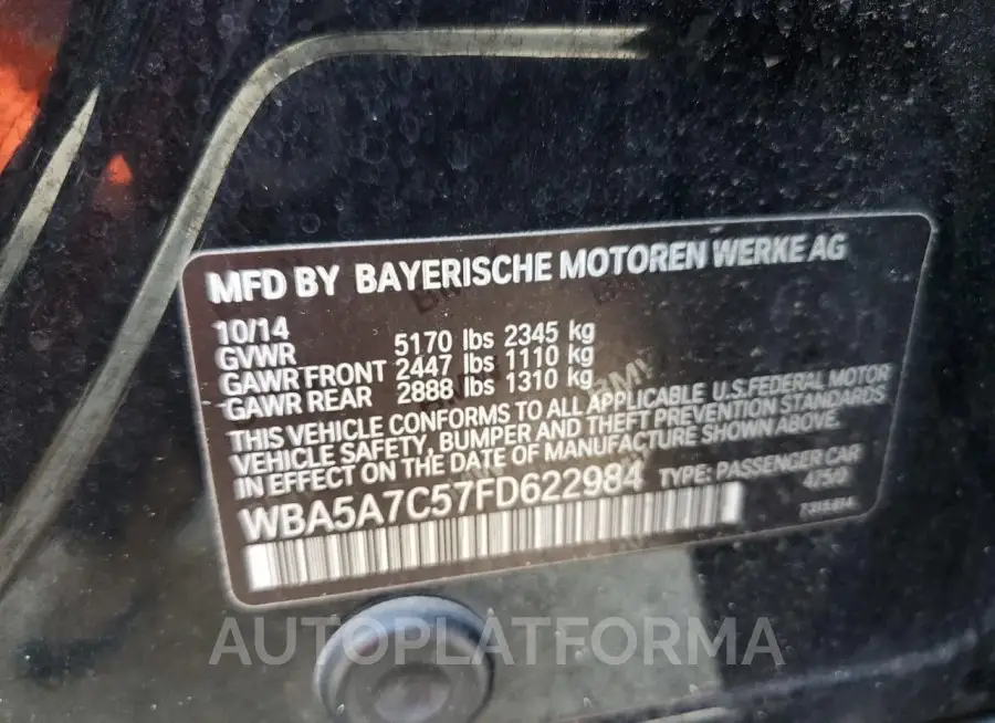 BMW 528 XI 2015 vin WBA5A7C57FD622984 from auto auction Copart