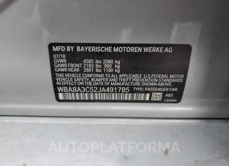 BMW 320 XI 2018 vin WBA8A3C52JA491785 from auto auction Copart