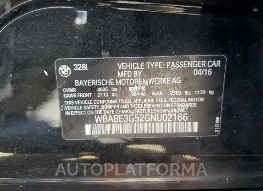 BMW 328 XI SUL 2016 vin WBA8E3G52GNU02166 from auto auction Copart