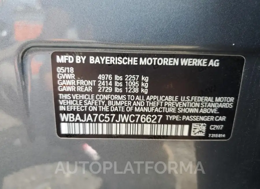 BMW 530 XI 2018 vin WBAJA7C57JWC76627 from auto auction Copart