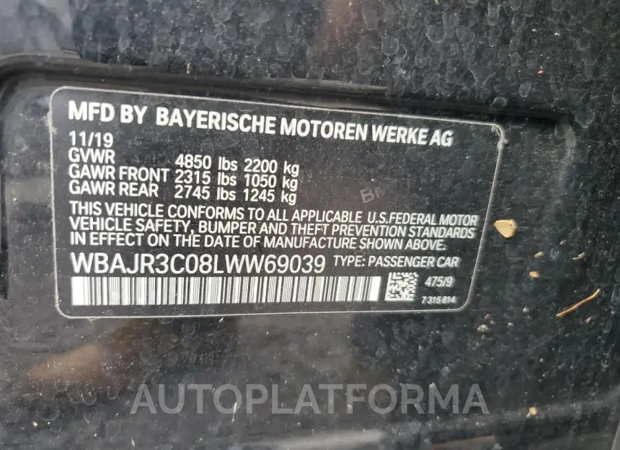 BMW 530 I 2020 vin WBAJR3C08LWW69039 from auto auction Copart