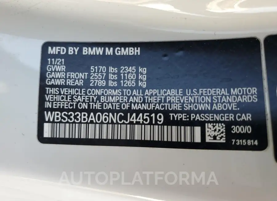 BMW M4 COMPETI 2022 vin WBS33BA06NCJ44519 from auto auction Copart