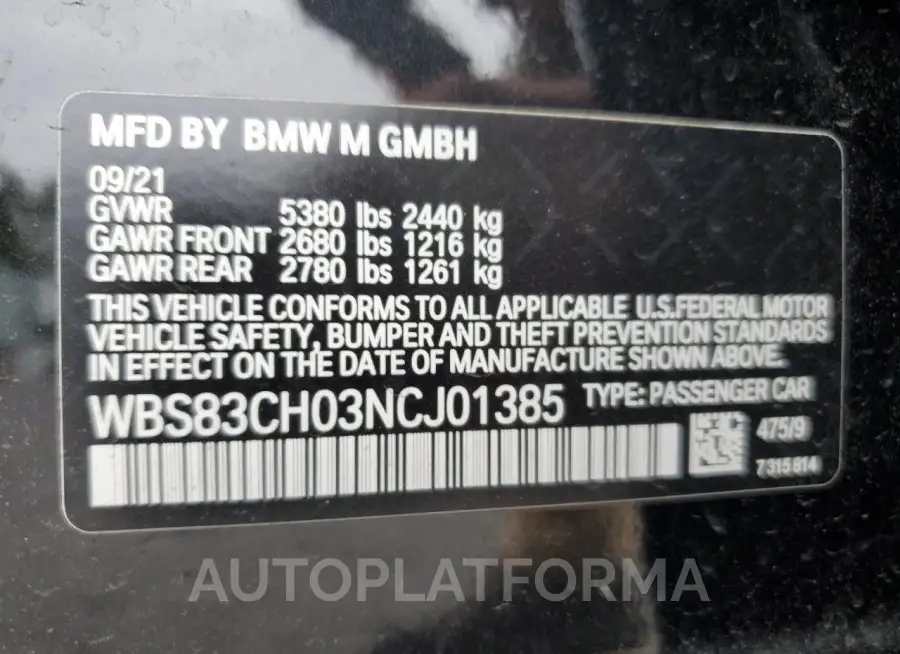 BMW M5 2022 vin WBS83CH03NCJ01385 from auto auction Copart