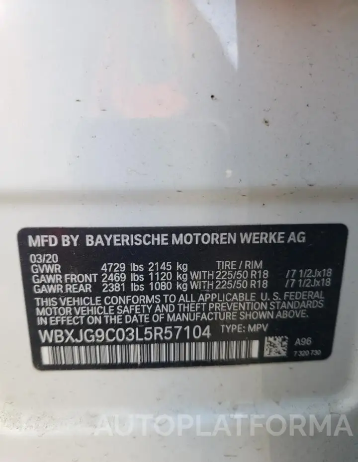 BMW X1 XDRIVE2 2020 vin WBXJG9C03L5R57104 from auto auction Copart