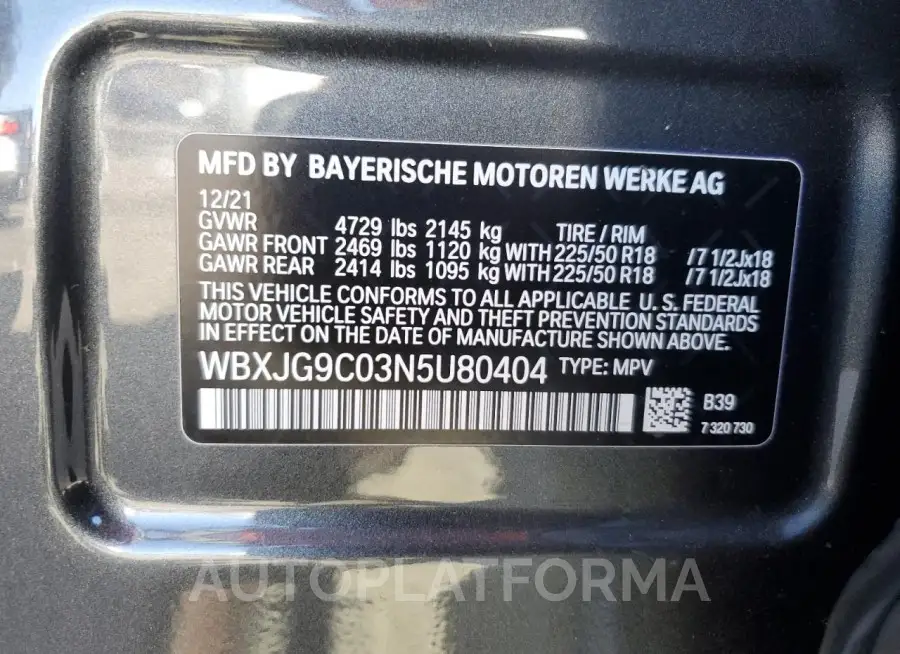 BMW X1 XDRIVE2 2022 vin WBXJG9C03N5U80404 from auto auction Copart