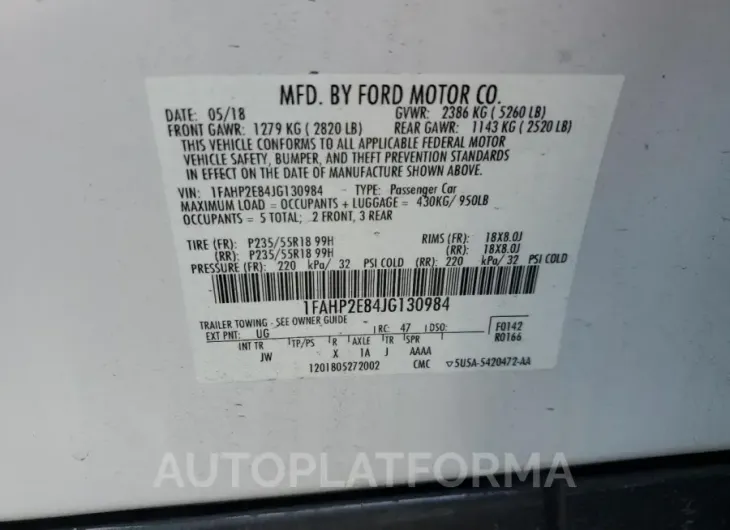 FORD TAURUS SEL 2018 vin 1FAHP2E84JG130984 from auto auction Copart