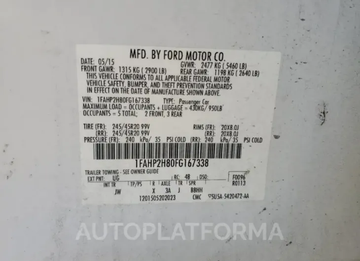 FORD TAURUS SEL 2015 vin 1FAHP2H80FG167338 from auto auction Copart