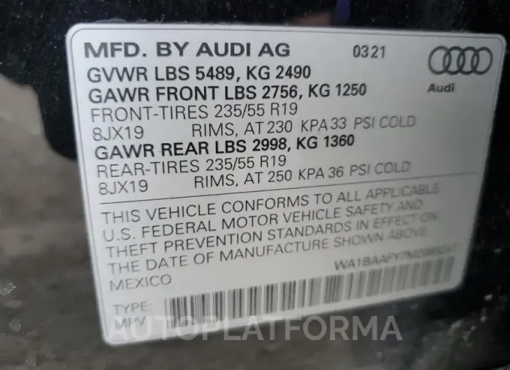 AUDI Q5 PREMIUM 2021 vin WA1BAAFY7M2069247 from auto auction Copart