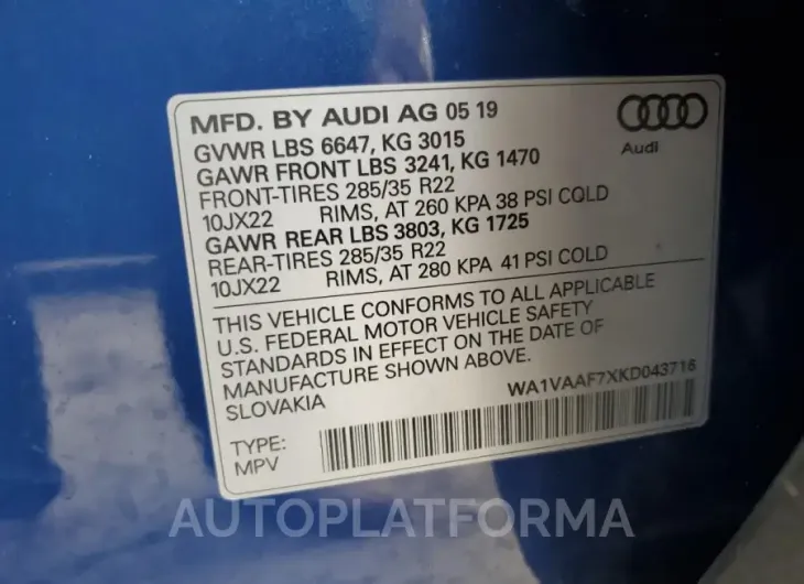 AUDI Q7 PRESTIG 2019 vin WA1VAAF7XKD043716 from auto auction Copart