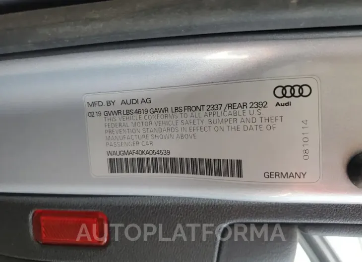 AUDI A4 PREMIUM 2019 vin WAUGMAF40KA054539 from auto auction Copart