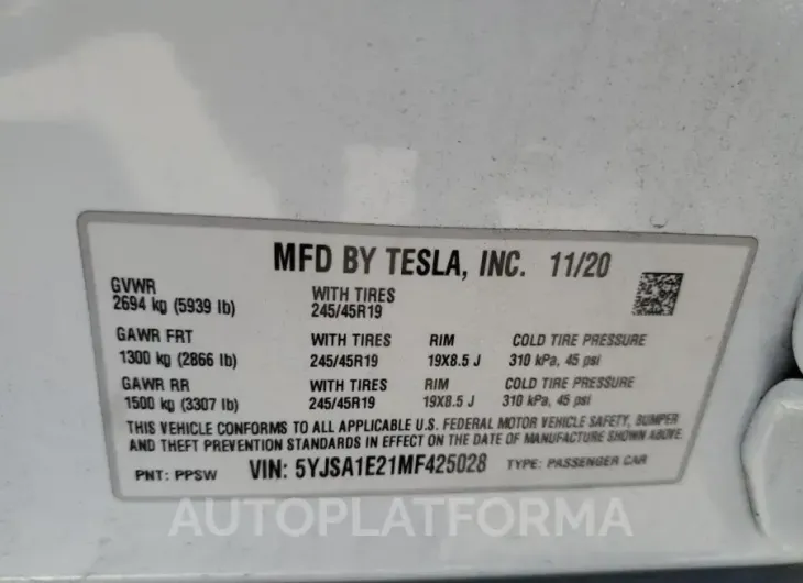 TESLA MODEL S 2021 vin 5YJSA1E21MF425028 from auto auction Copart