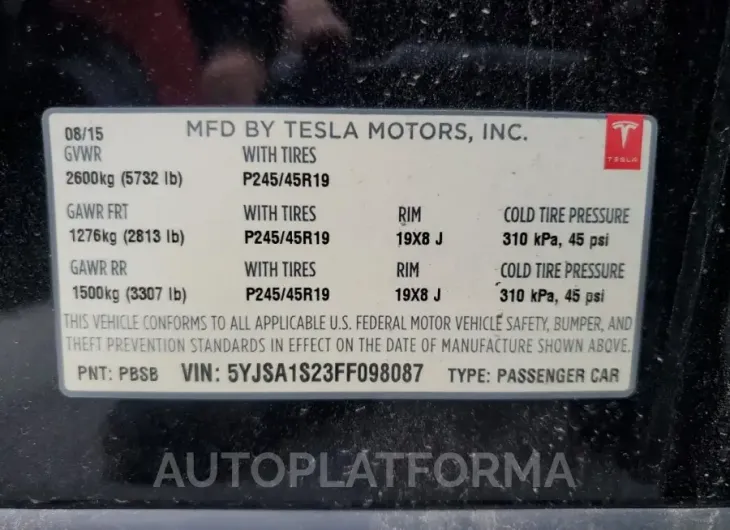 TESLA MODEL S 70 2015 vin 5YJSA1S23FF098087 from auto auction Copart